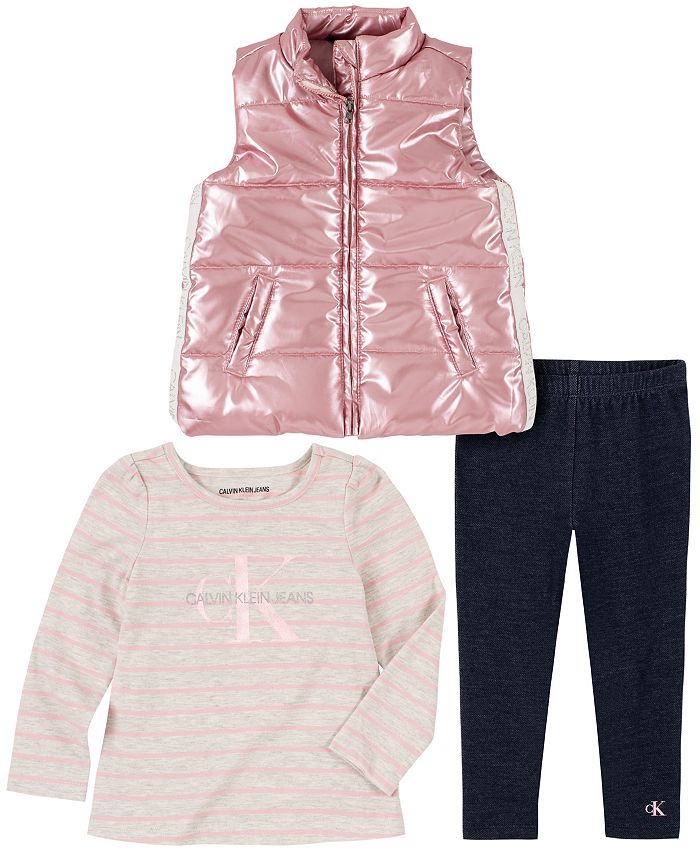 цена Блестящий жилет для маленьких девочек, полосатая футболка и леггинсы, комплект из 3 предметов Calvin Klein, розовый