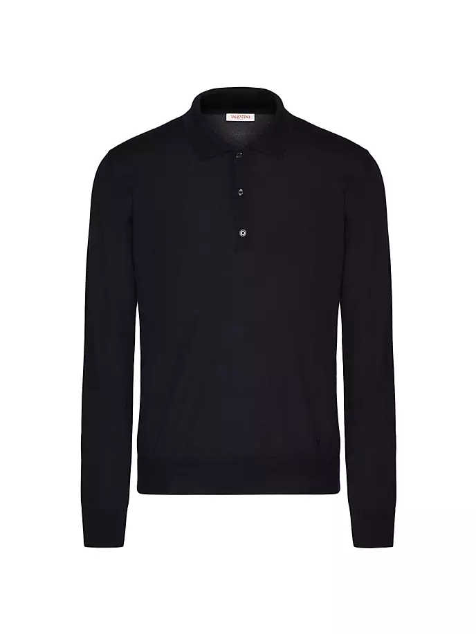 Рубашка-поло из кашемира и шелка с длинными рукавами и фирменной вышивкой логотипа V Valentino Garavani, темно-синий