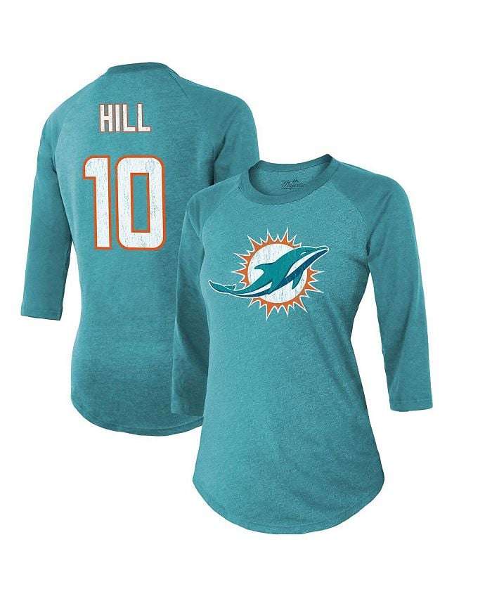 

Женские нитки Tyreek Hill Aqua Miami Dolphins Name & Футболка Number Raglan с рукавом 3/4 Majestic, синий