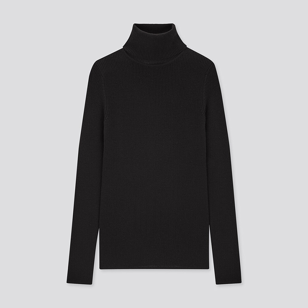 

Свитер Uniqlo камвольный в рубчик из мериносовой ткани с двумя лацканами, черный