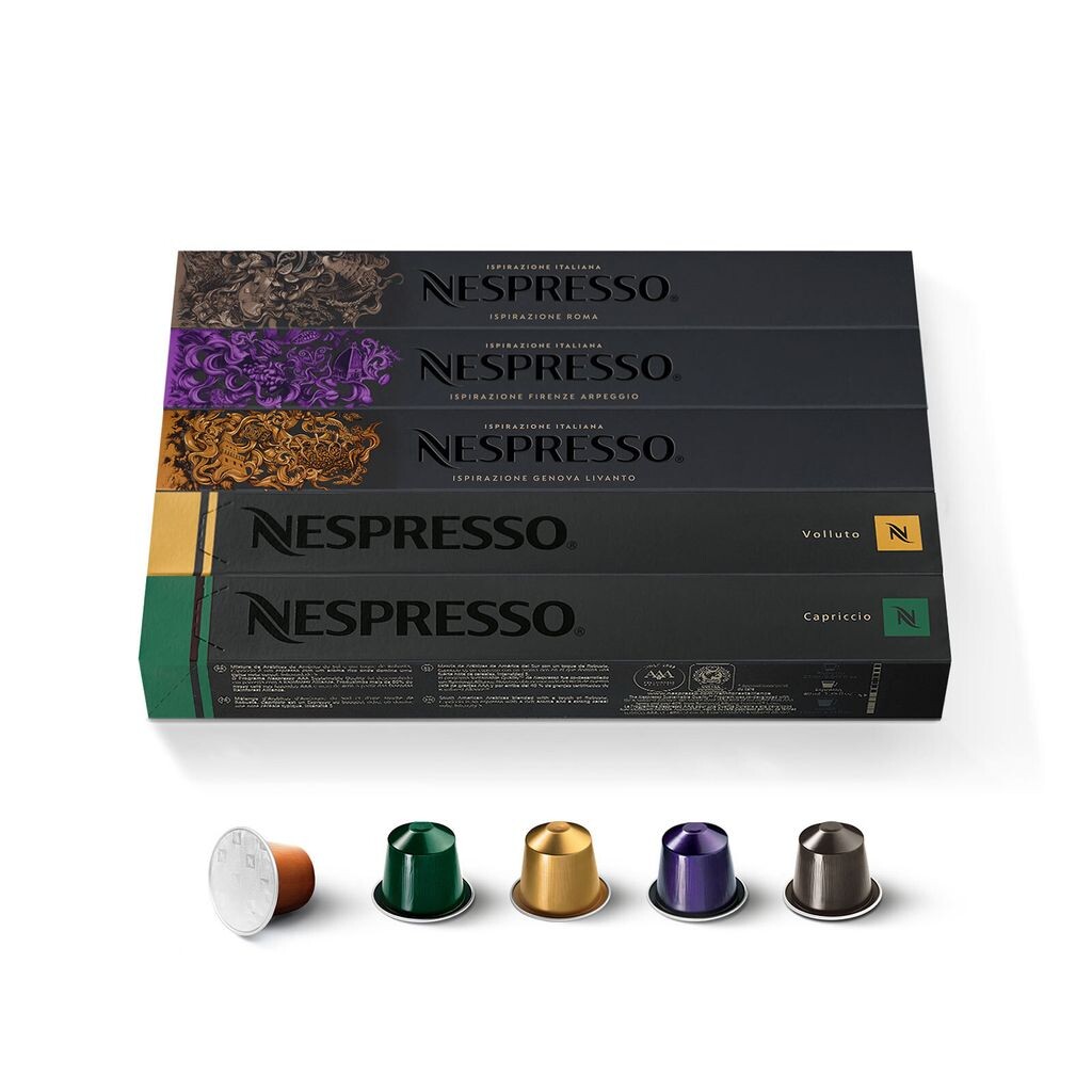 

Nespresso ORIGINAL, выбор кофе эспрессо, обжарка от светлой до темной, 50 кофейных капсул - 10 Volluto, 10 Capriccio, 10 Livanto, 10 Roma, 10 Arpeggio