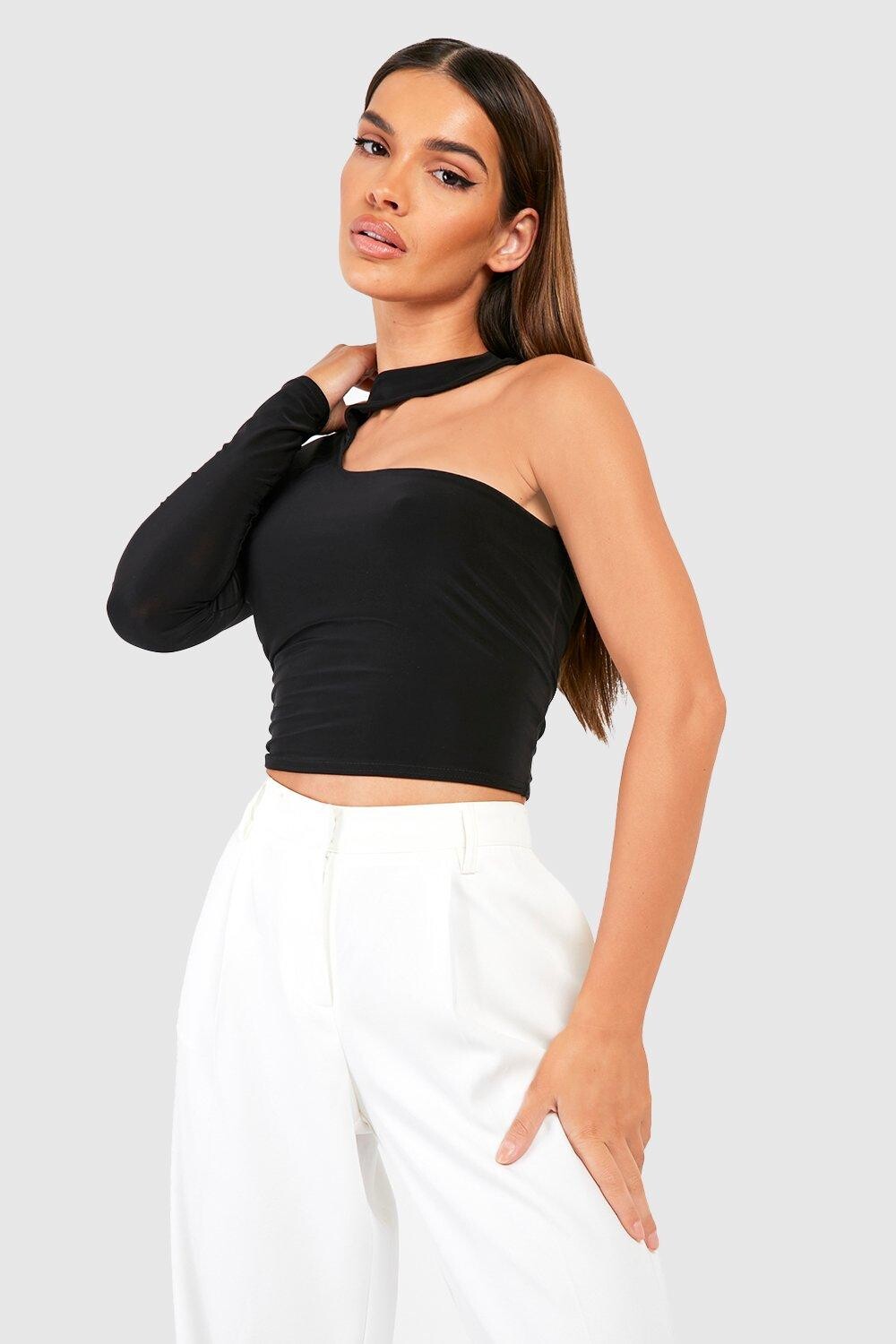 

Асимметричный двухслойный укороченный топ на одно плечо Boohoo, черный