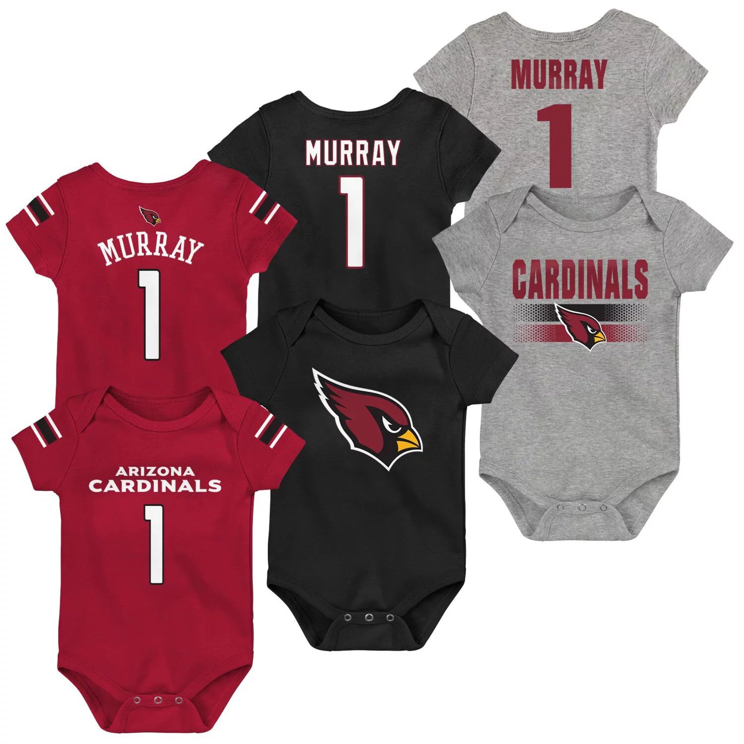 Набор из трех боди Kyler Murray Cardinal/черный/серый с меланжевым оттенком для новорожденных и младенцев Arizona Cardinals, комплект из трех боди с именем и номером Outerstuff