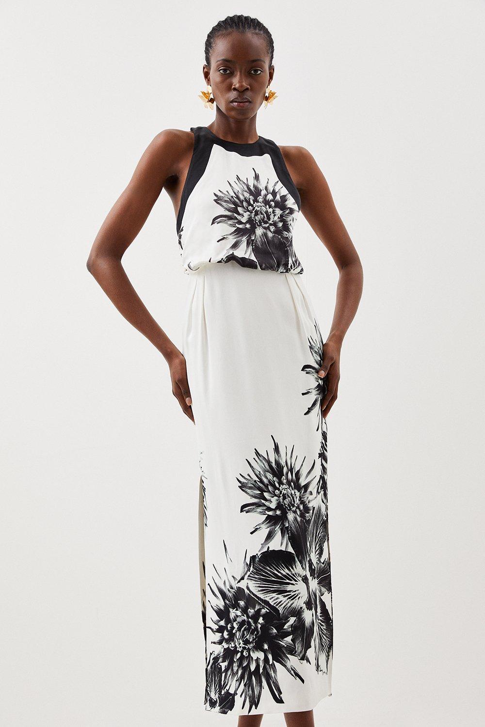 Высокое платье миди из атласного крепа с цветочным принтом Karen Millen, мультиколор
