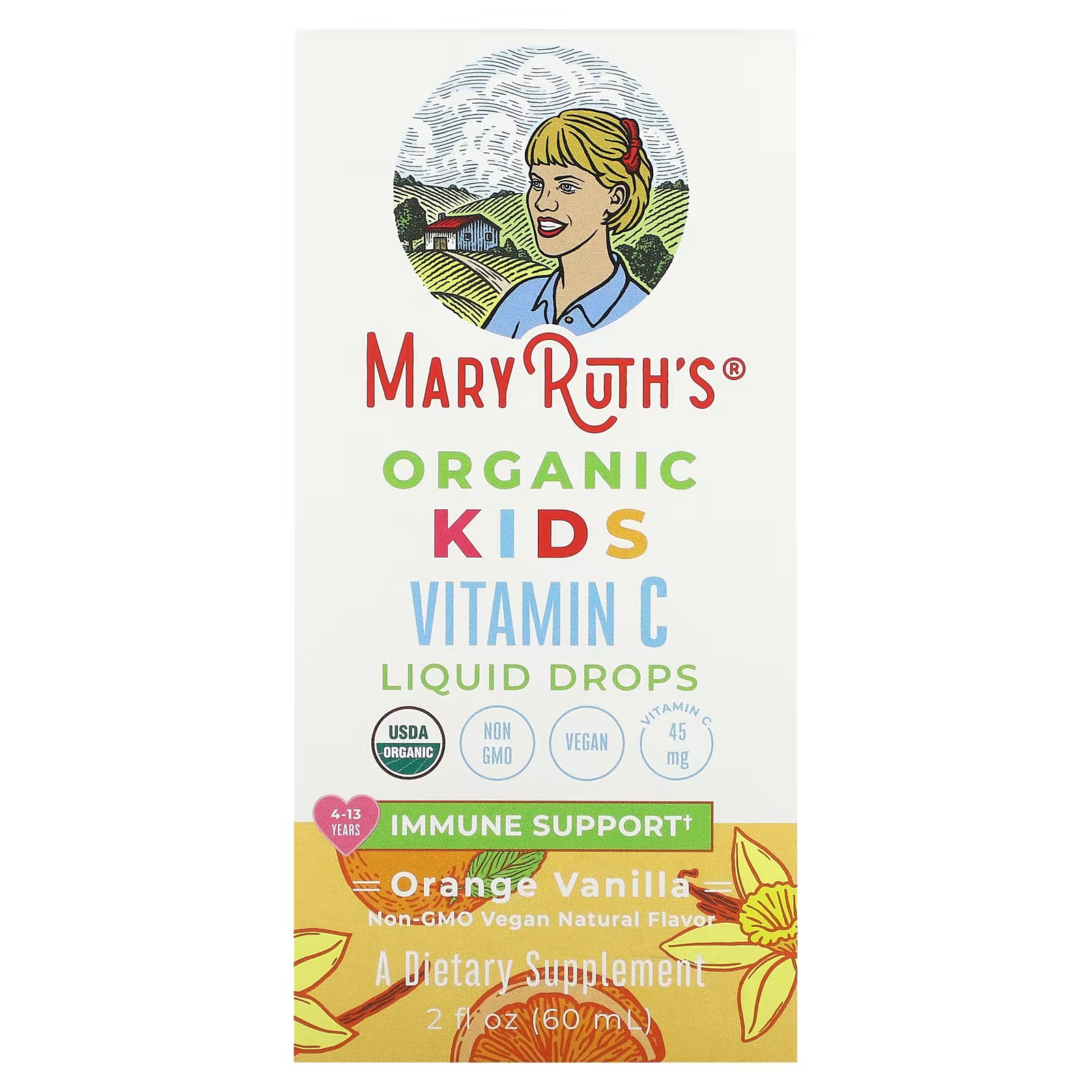 Витамином С MaryRuth Organics Organic Kids жидкие капли для детей от 4 до 13 лет апельсиновая ваниль, 60 мл капли мультивитаминные maryruth s для младенцев апельсин и ваниль 60 мл