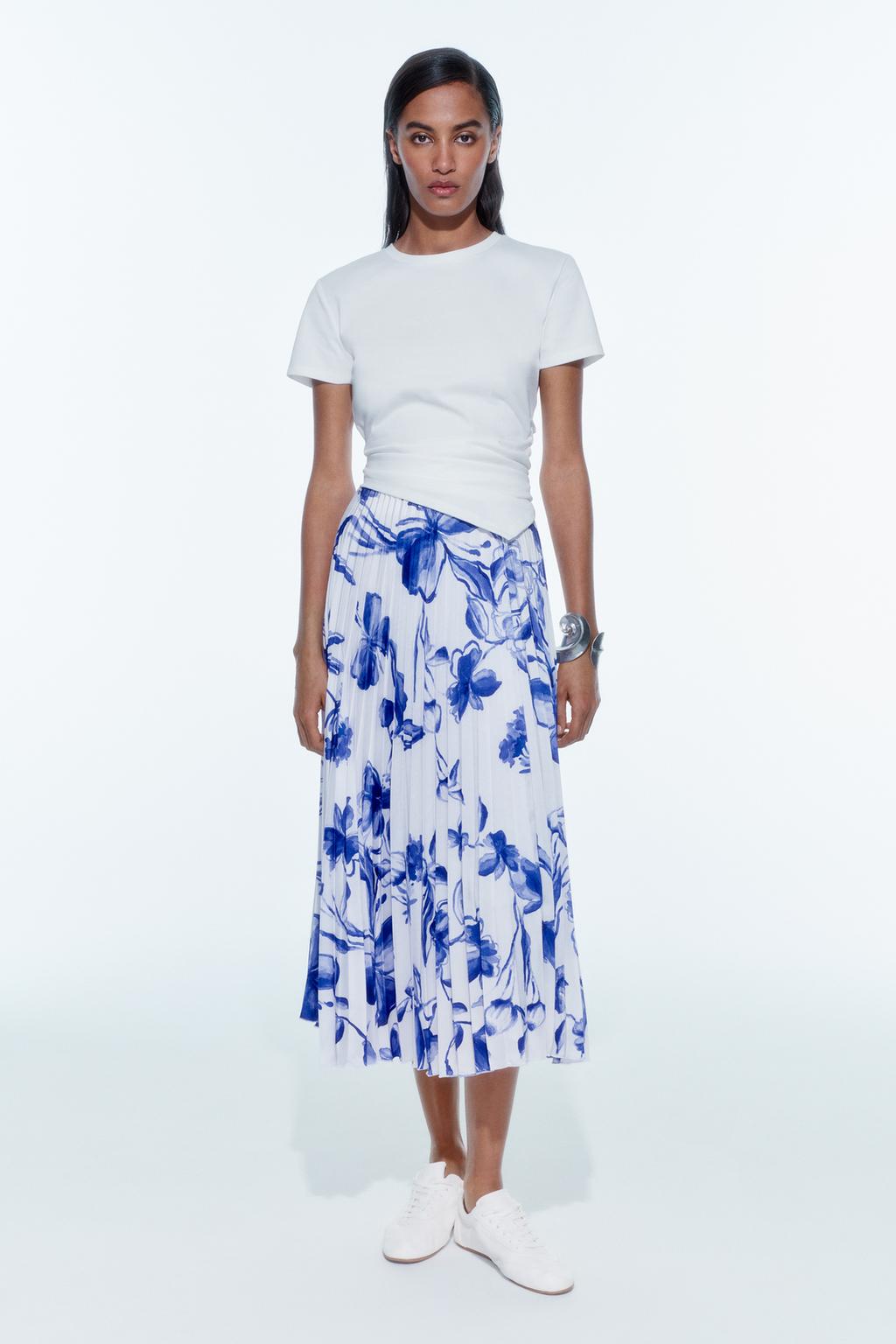 Плиссированная юбка с цветочным принтом ZARA, синий/белый юбка миди женская винтажная с поясом высокой талией и разрезом