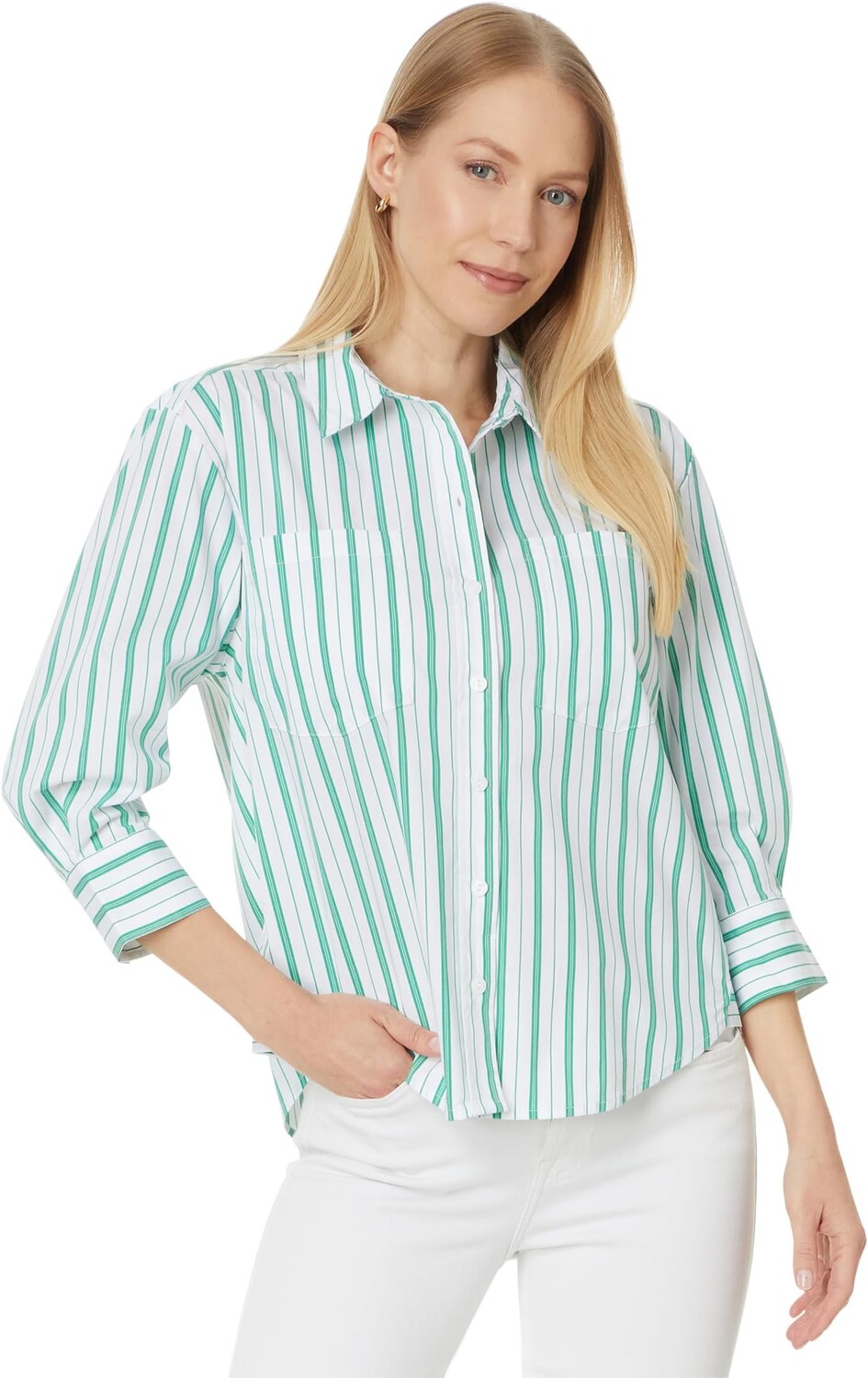 

Футболка Liverpool Los Angeles Button Front Shirt with 3/4 Sleeve Stretch Poplin, цвет Teal White Green Stripe