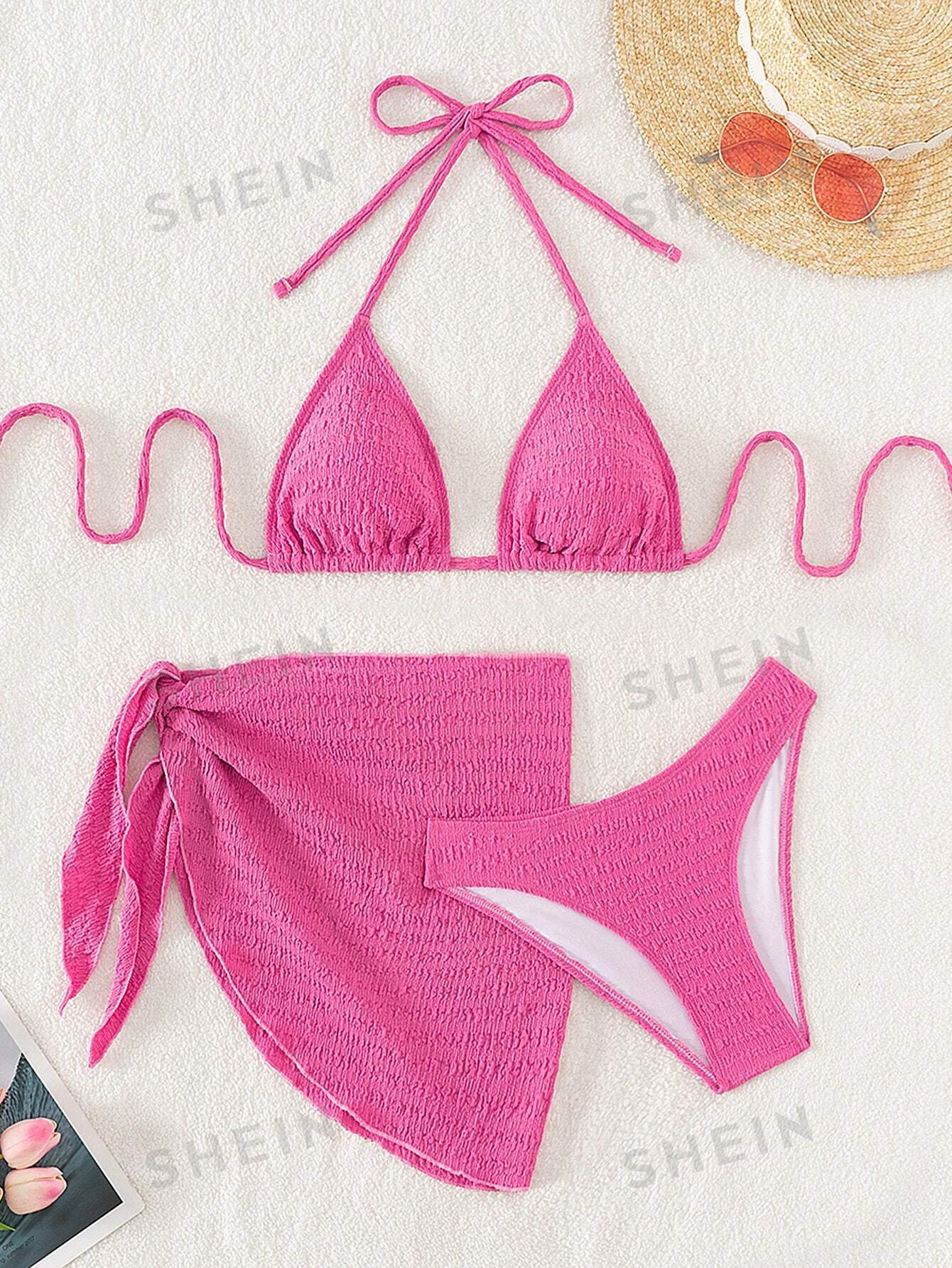 SHEIN Swim Basics Комплект бикини из двух частей с вырезом на бретельках, ярко-розовый shein swim basics однотонный купальник с разрезом на шее и шее бургундия