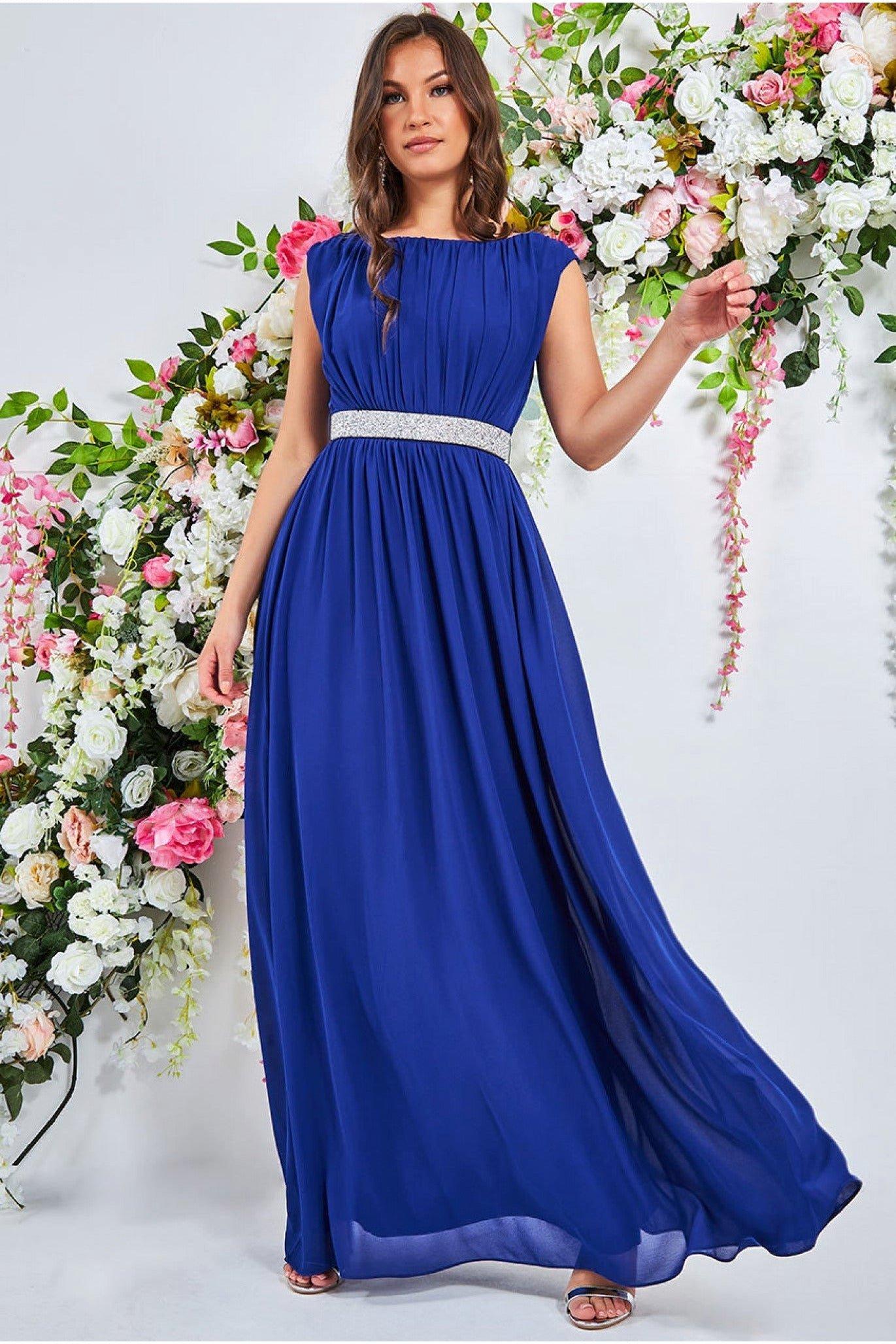 Шифоновое макси с декорированным поясом Goddiva, синий женское шифоновое платье трапеция элегантное платье подружки невесты с длинным рукавом и v образным вырезом платье для свадебной вечеринк