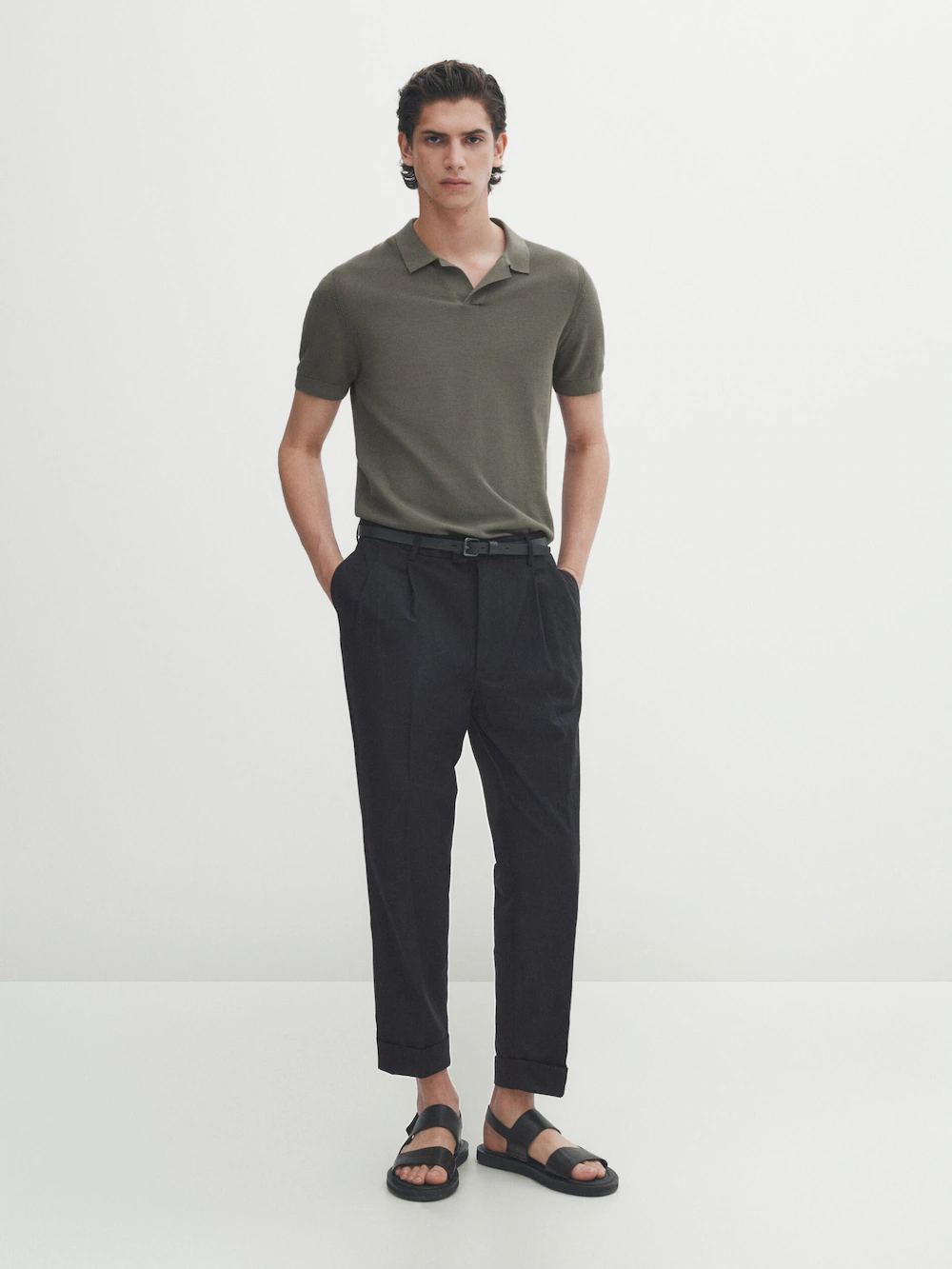 

Свитер поло из прибленного хлопка Massimo Dutti, хаки