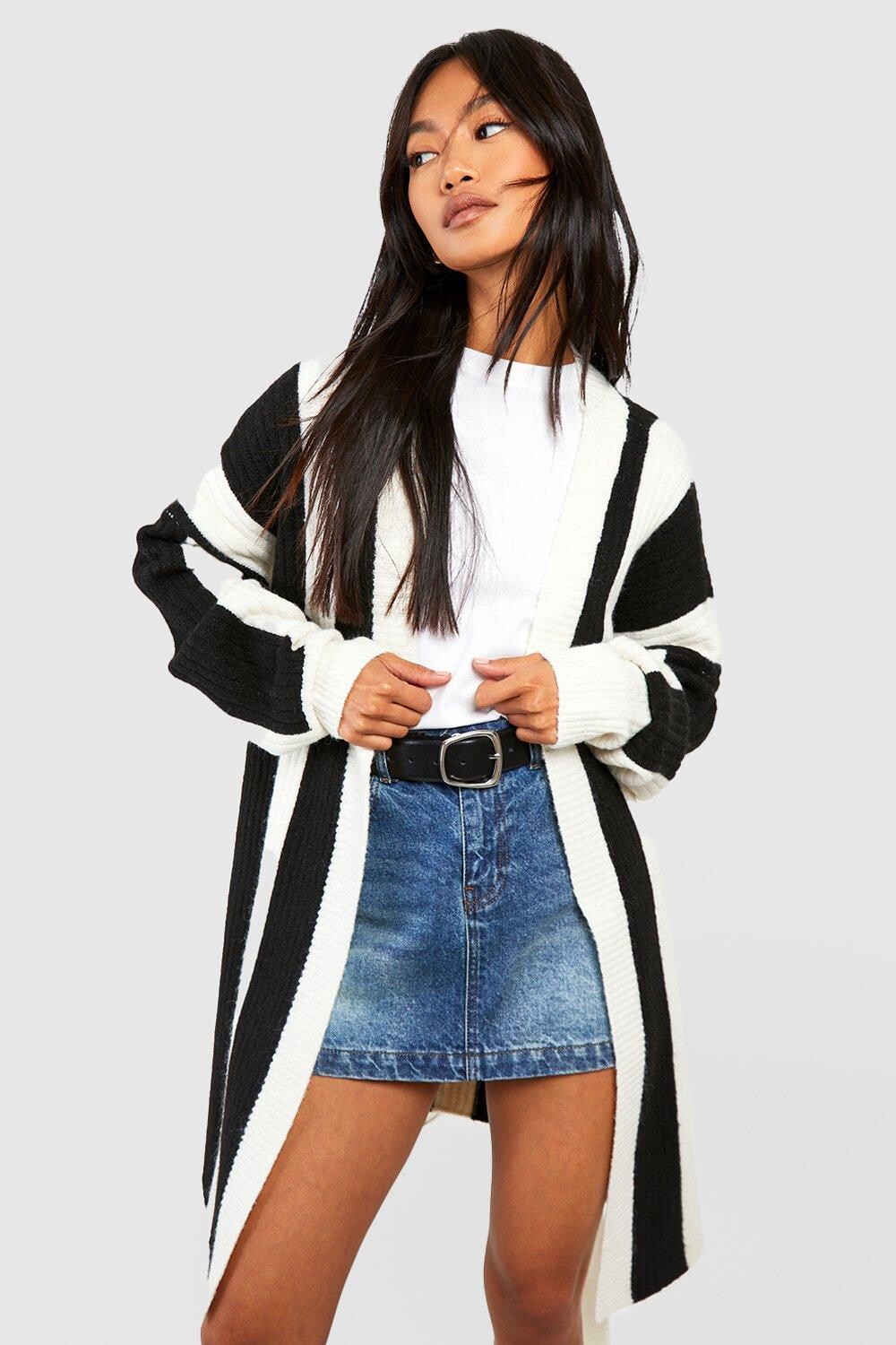 

Кардиган с поясом в широкую полоску Boohoo, черный