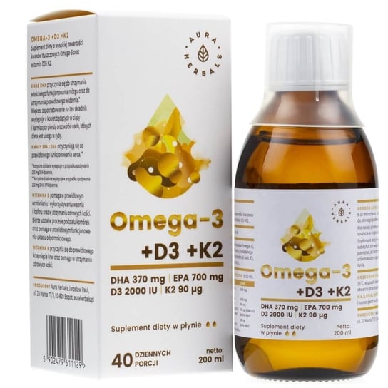 Aura Herbals, Омега-3+Д3+К2МК7, 200 мл aura herbals биоактивный источник йода aura herbals jodadrop 250 мл