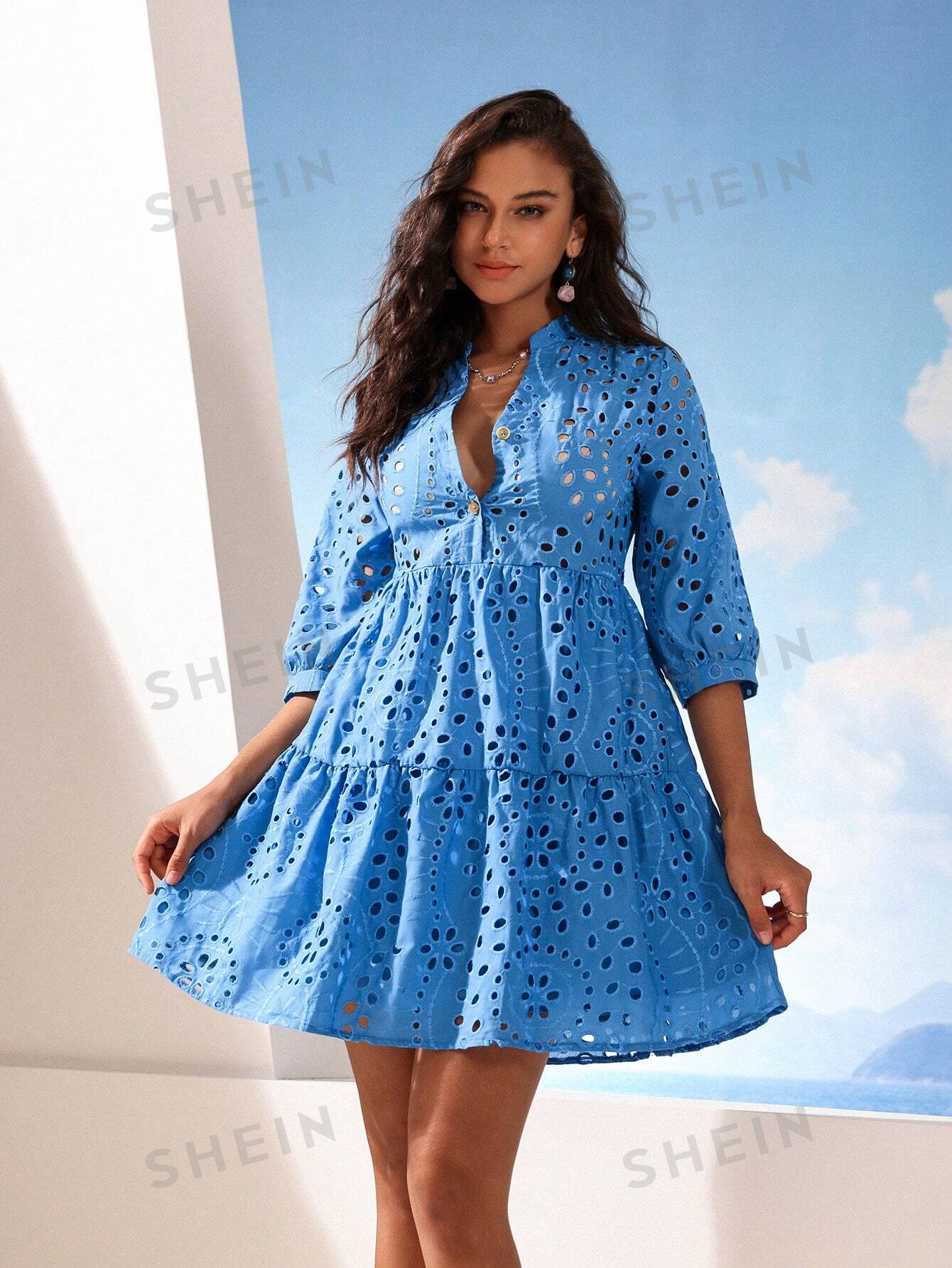 SHEIN VCAY Однотонное свободное платье Schiffy с вырезом в горловине, королевский синий