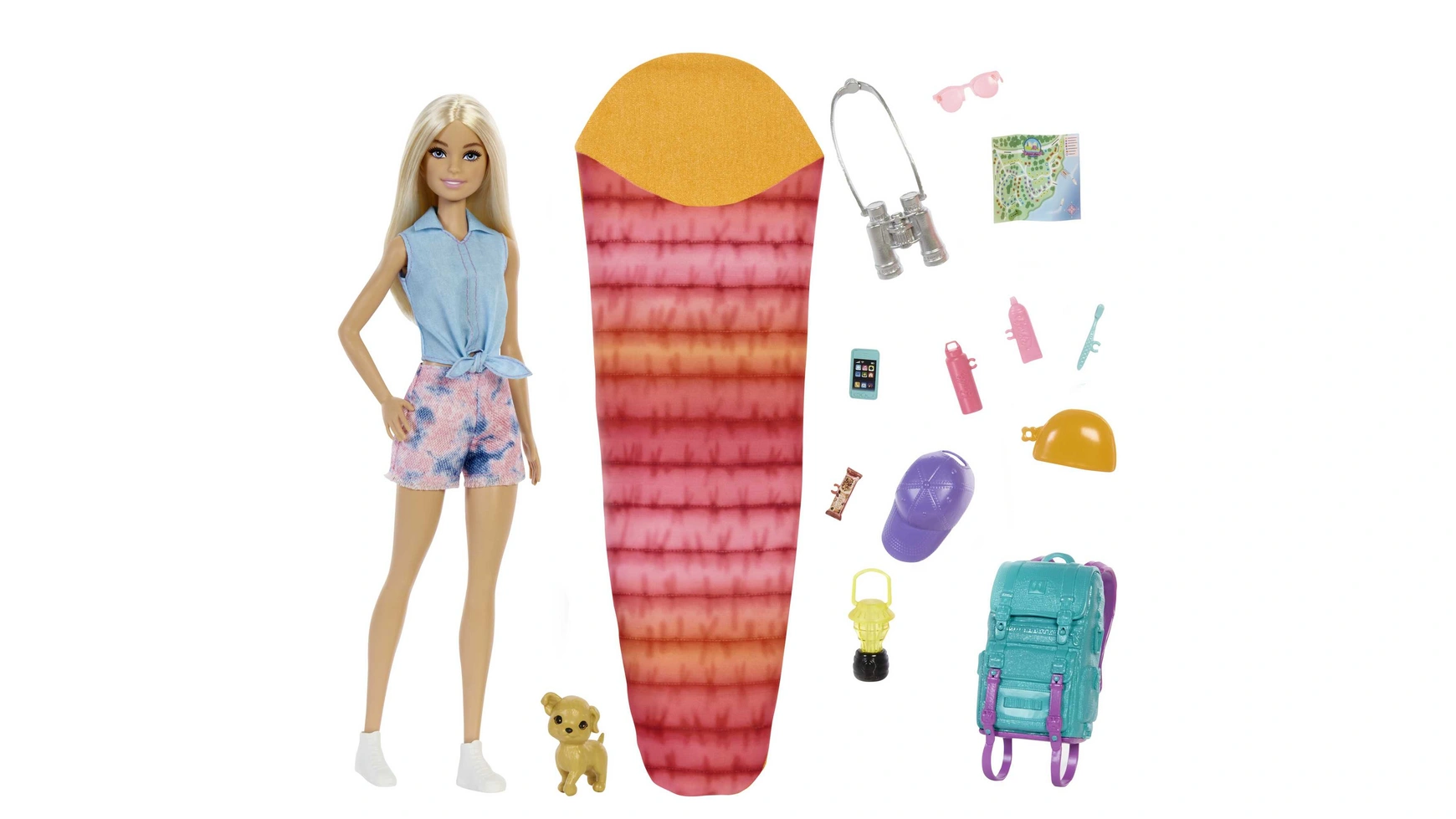 цена Barbie в двойном наборе, включающем куклу Малибу, собаку и аксессуары.