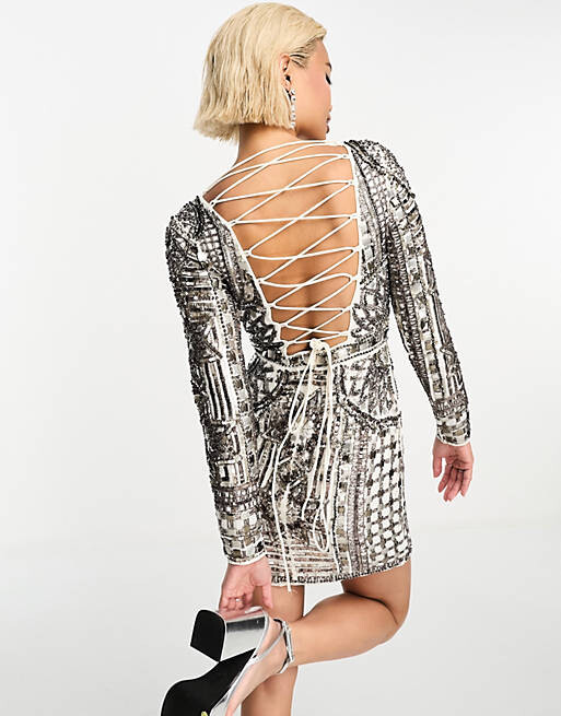 

Однотонное мини-платье с длинными рукавами и мозаичной отделкой ASOS DESIGN