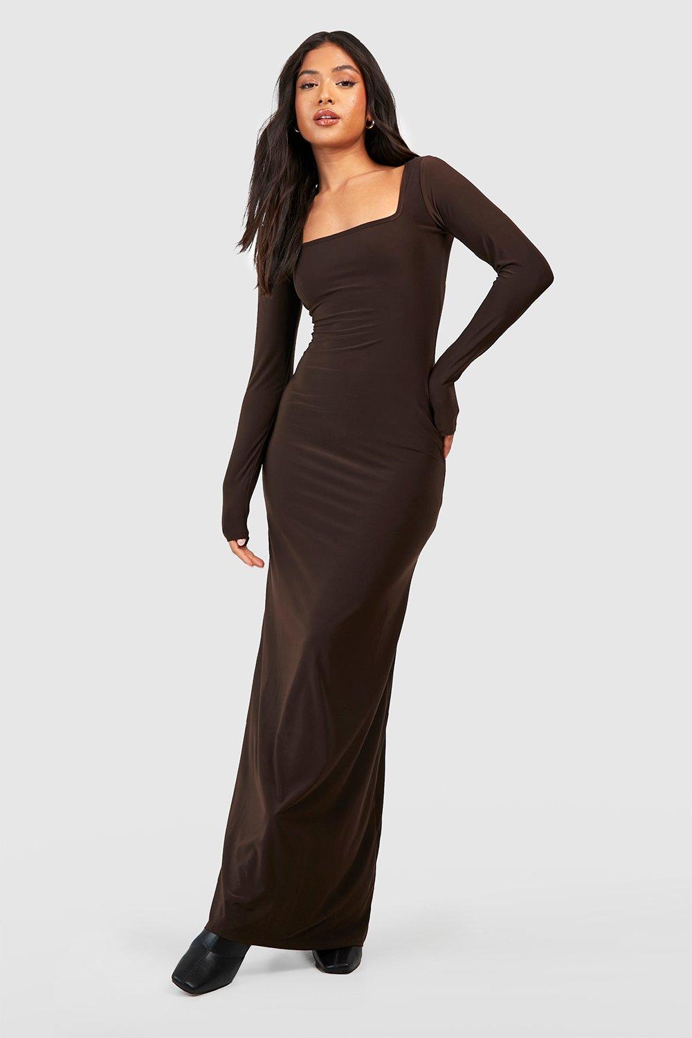 Облегающее платье макси с квадратным вырезом и длинными рукавами Petite boohoo, коричневый цена и фото