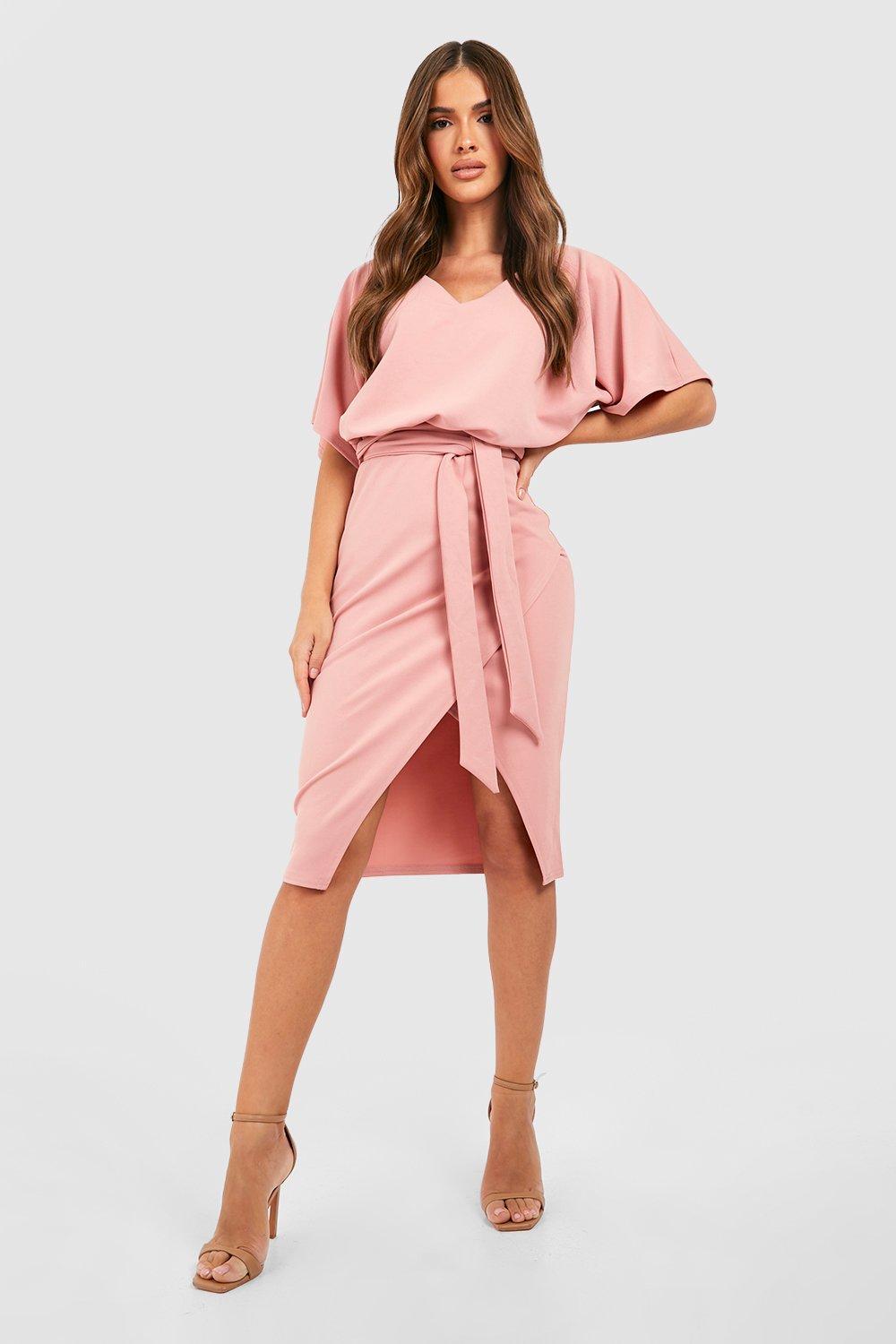 Платье миди-кимоно с завязками и поясом boohoo, розовый