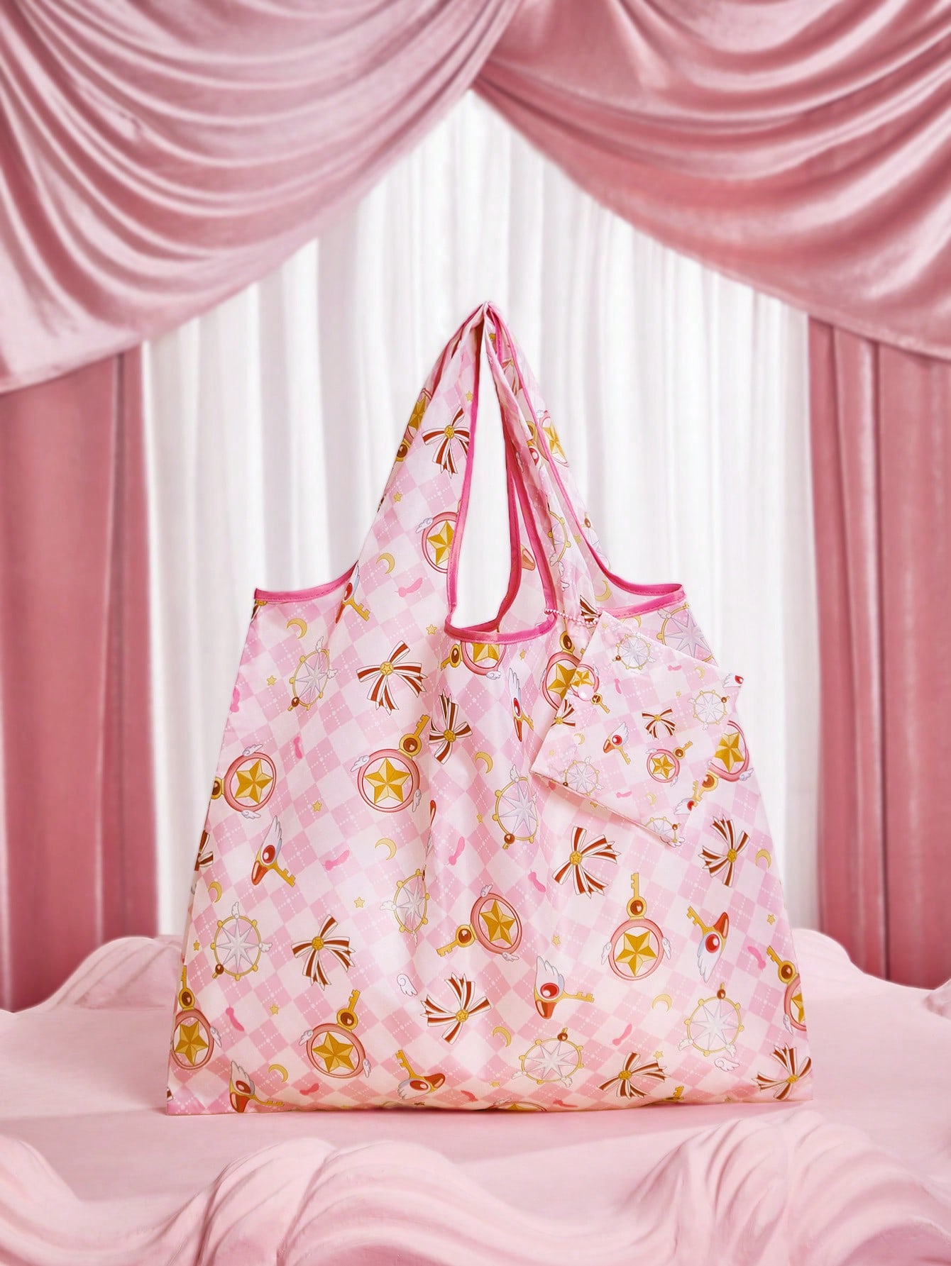 КАРТОЧКА САКУРА | SHEIN Розовая складная большая сумка, многоцветный значок pinpinpin сакура розовая