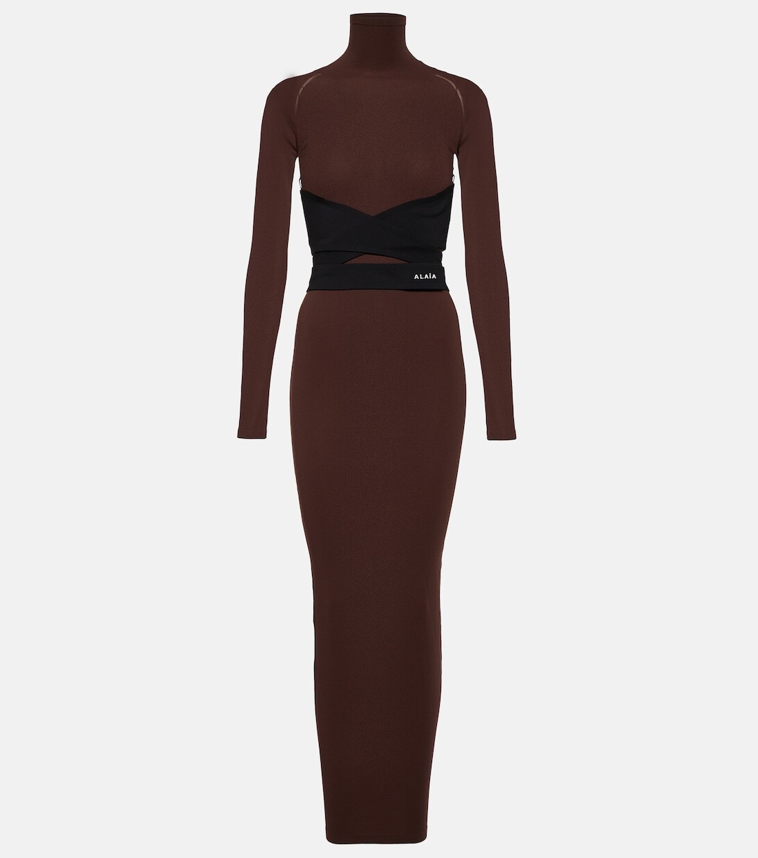 

Платье макси из джерси с высоким воротником и поясом ALAÏA, коричневый