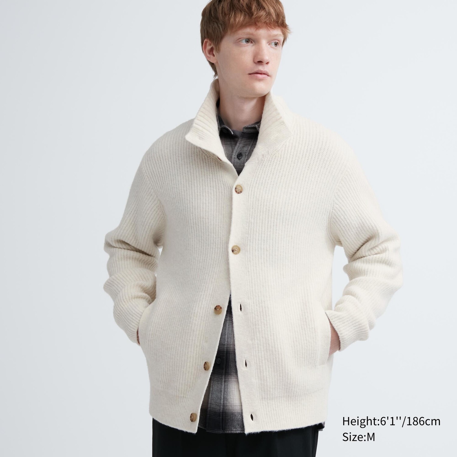 

Кардиган с воротником Grandad из пряжи Soufflé Uniqlo, кремовый, Бежевый
