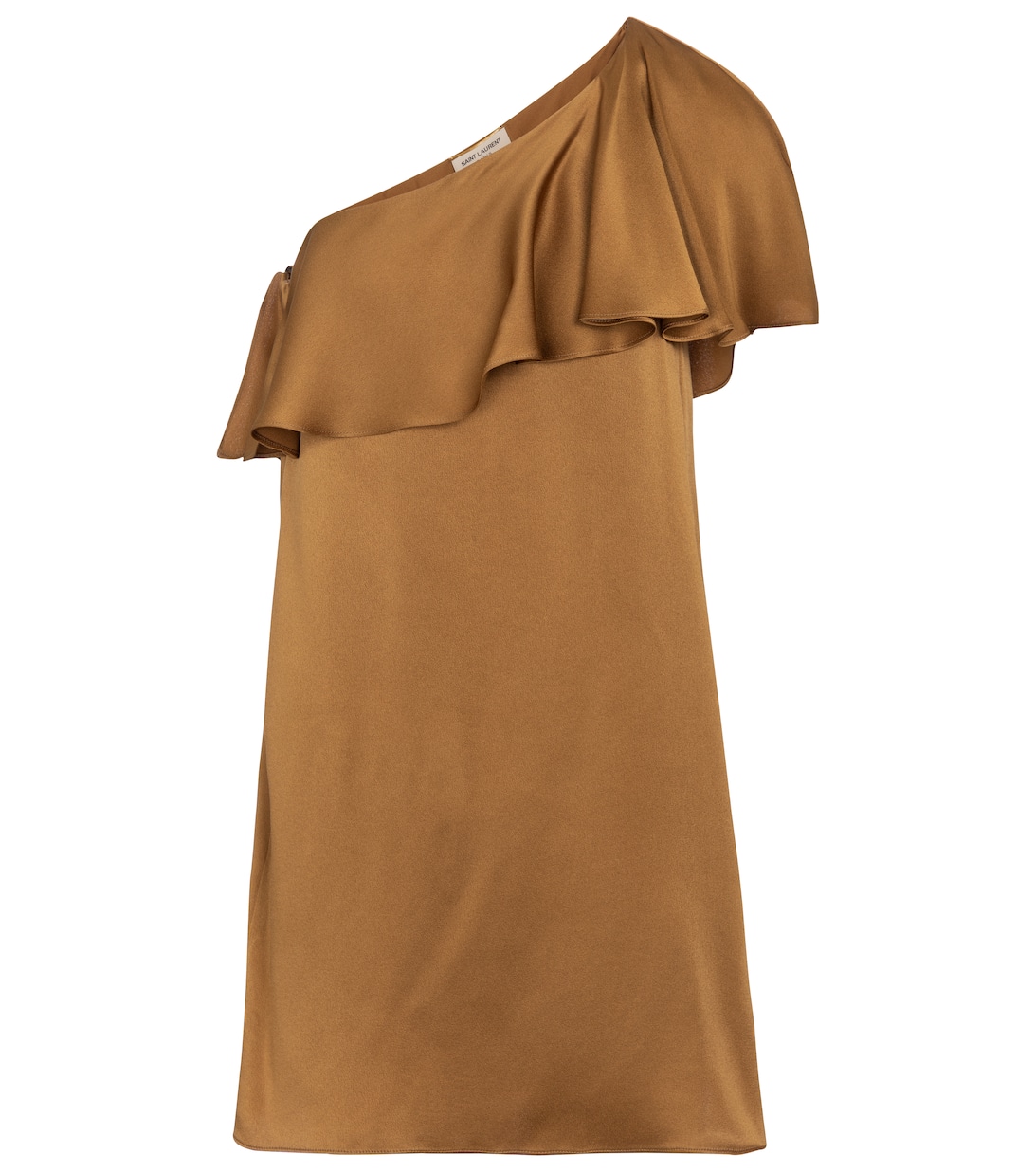 Мини-платье из атласного крепа на одно плечо SAINT LAURENT, коричневый