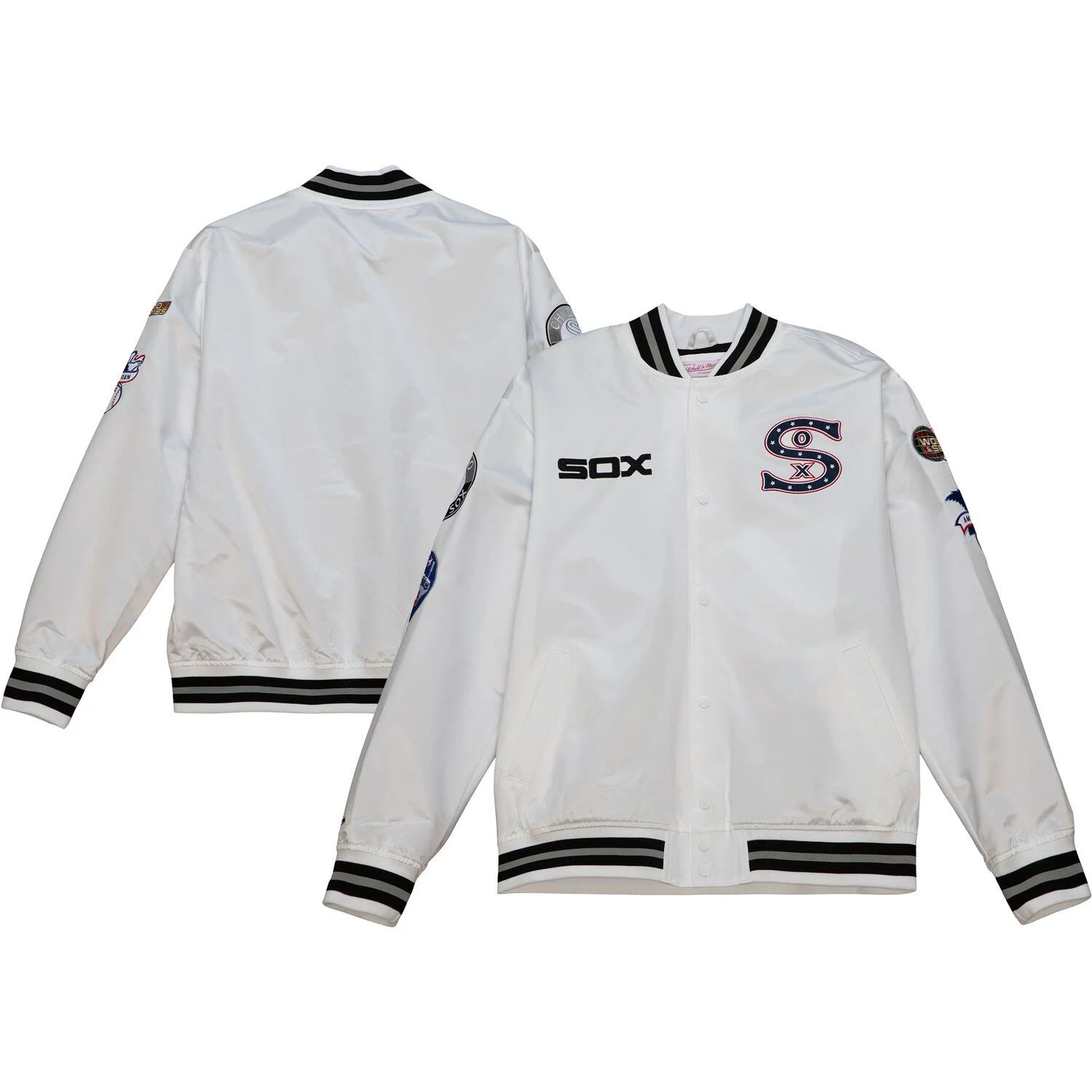 Мужская атласная университетская куртка с длинными кнопками Mitchell & Ness White Chicago White Sox City Collection мужская белая атласная университетская куртка с длинными кнопками mitchell