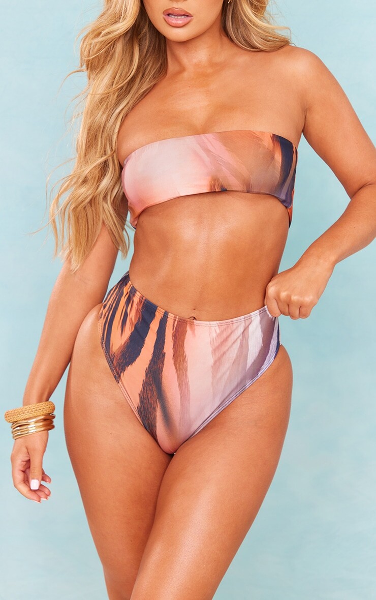 

PrettyLittleThing Коричневые плавки бикини с высокой талией и размытым зебровым принтом