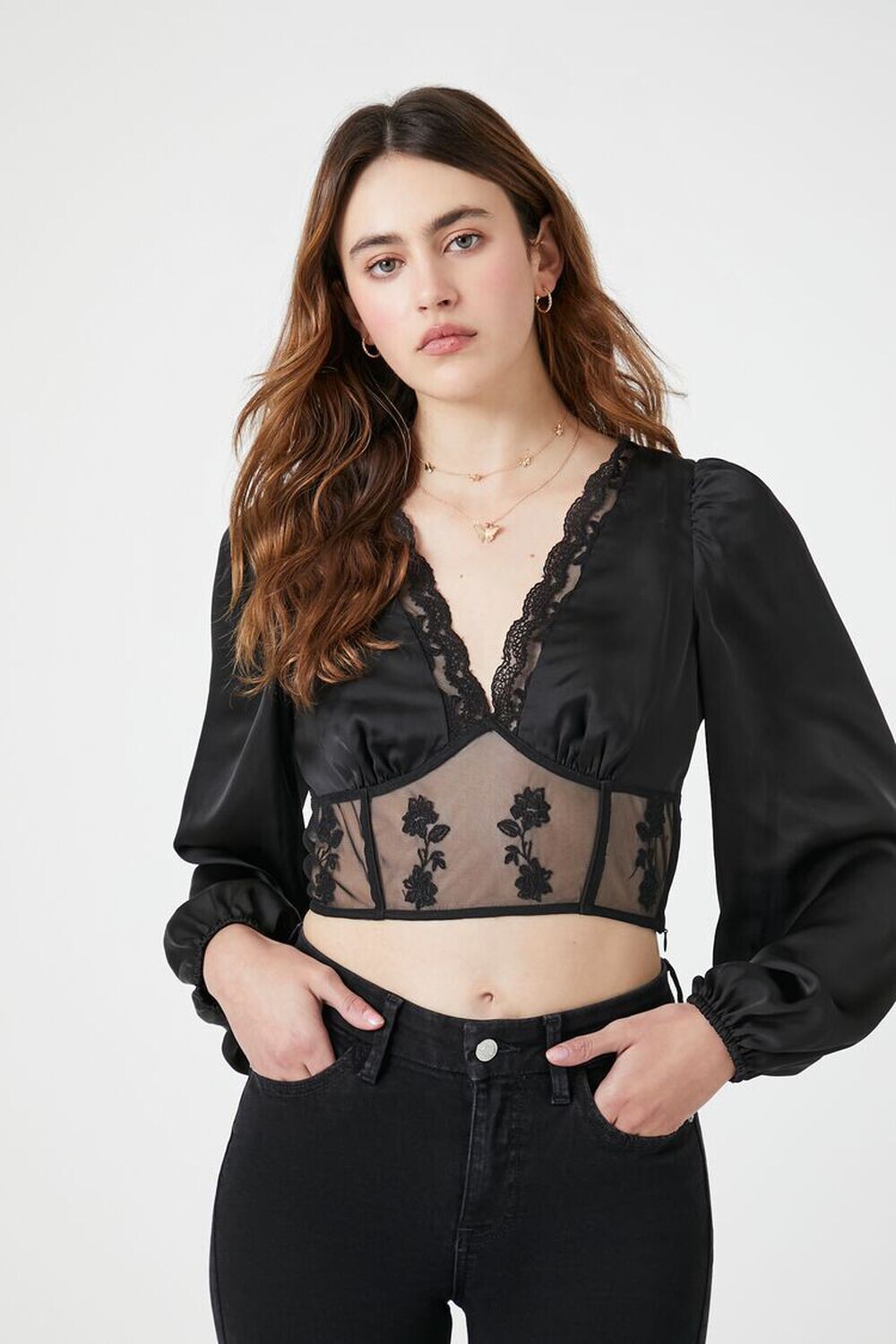 

Атласный сетчатый топ с кружевной отделкой Forever 21, черный