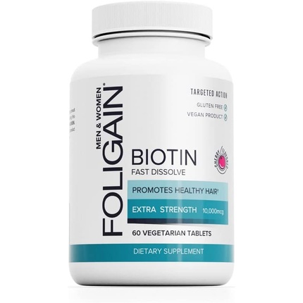 Быстрорастворимый биотин, 10 000 мкг, со вкусом вишни, 60 таблеток, Foligain