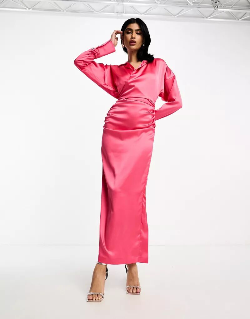 Розовое атласное платье-рубашка с запахом Daska