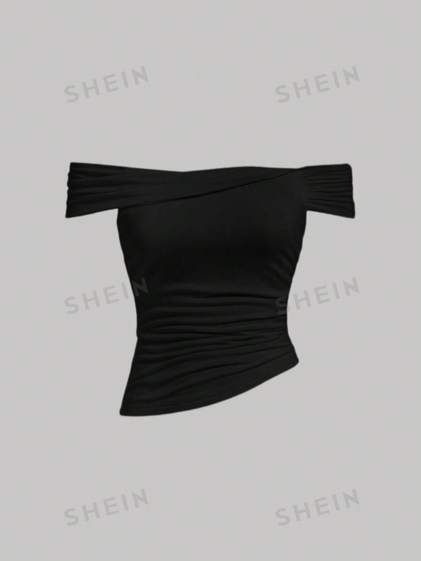 SHEIN MOD однотонный облегающий топ с открытыми плечами, черный летний пикантный однотонный плиссированный облегающий костюм женский короткий топ на бретелях спагетти с вырезом лодочкой и открытой спи
