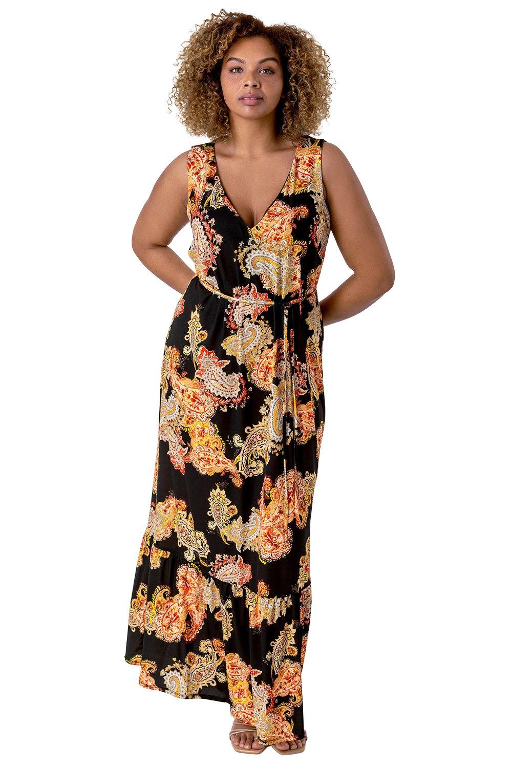 Платье макси с принтом пейсли Curve Roman, оранжевый женское платье с принтом пейсли летнее свободное мини платье с длинным рукавом и v образным вырезом 2021