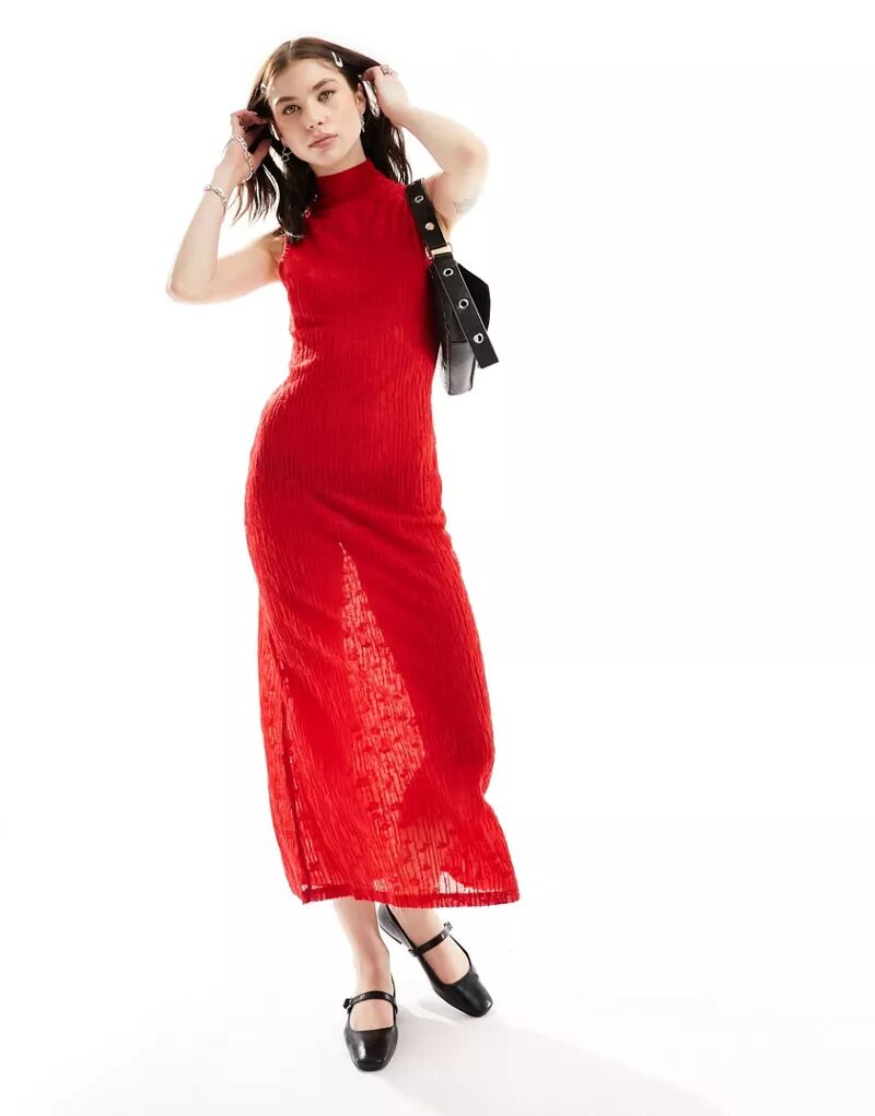 Красное фактурное прозрачное платье миди с высоким воротником и высоким воротником Ghospell
