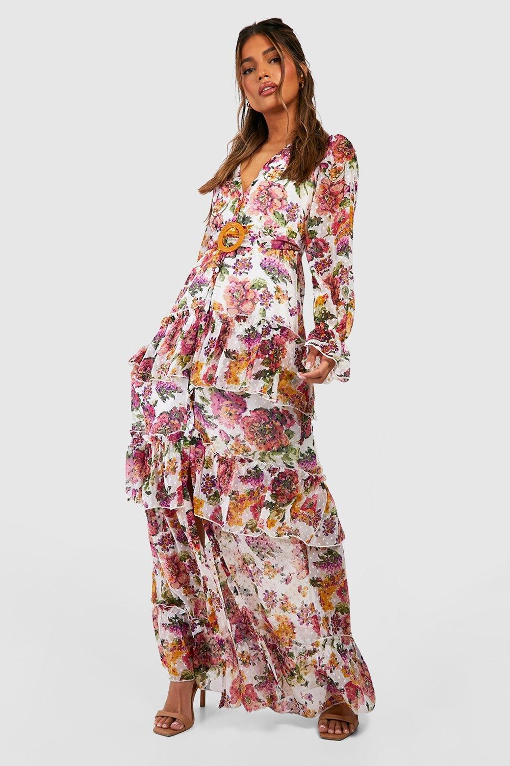 

Платье макси из шифона с цветочным цветом Boohoo, кремовый, Бежевый