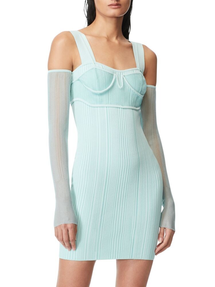 

Трикотажное мини-платье с открытыми плечами в рубчик Herve Leger, цвет Aqua Green
