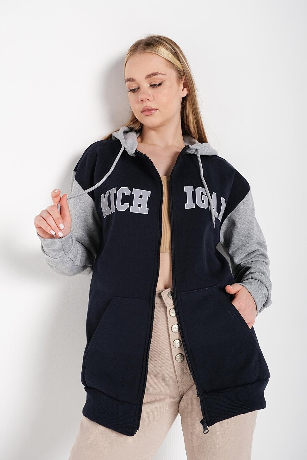 

Женский темно-синий кардиган на молнии Michigan Sweat T6 Trendseninle