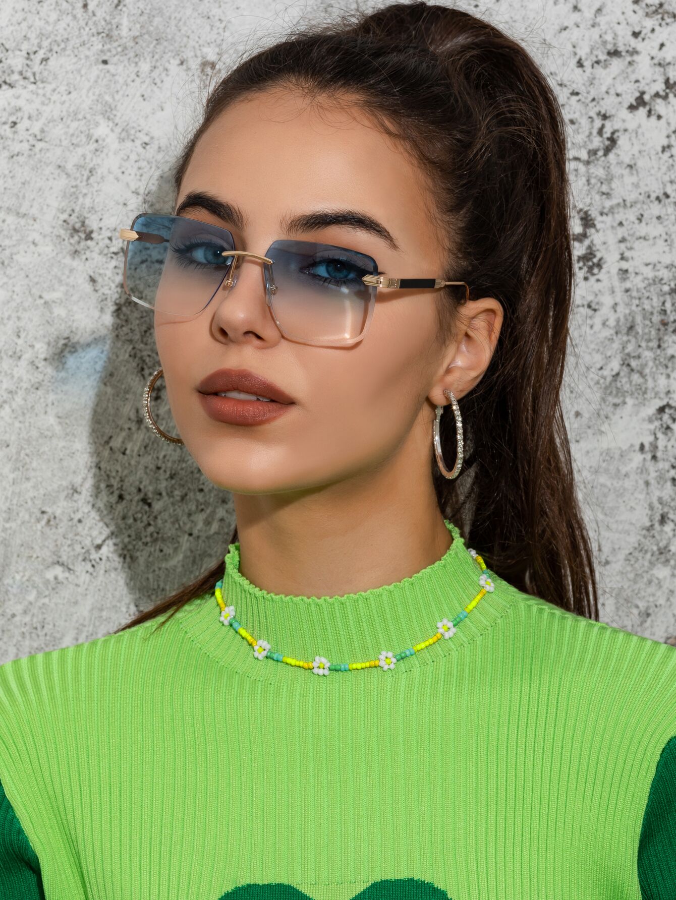 

Очки Shein Ombre Lens Rimless Fashion, синий / золотой