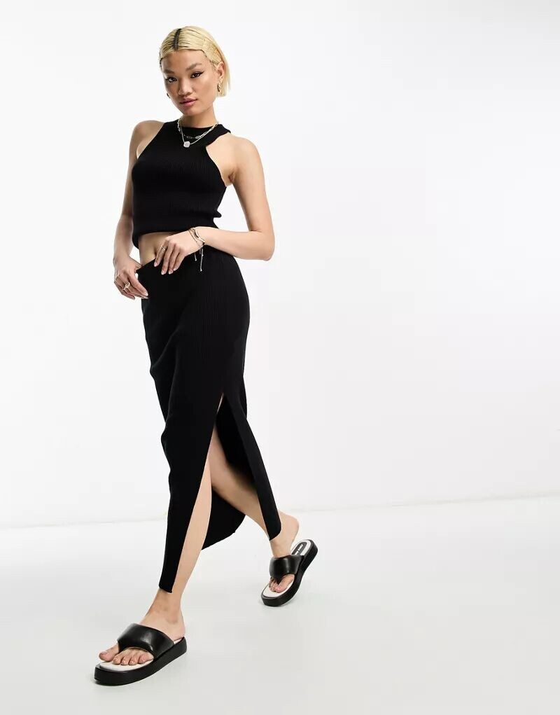 

Черная комбинированная юбка миди в рубчик ASOS