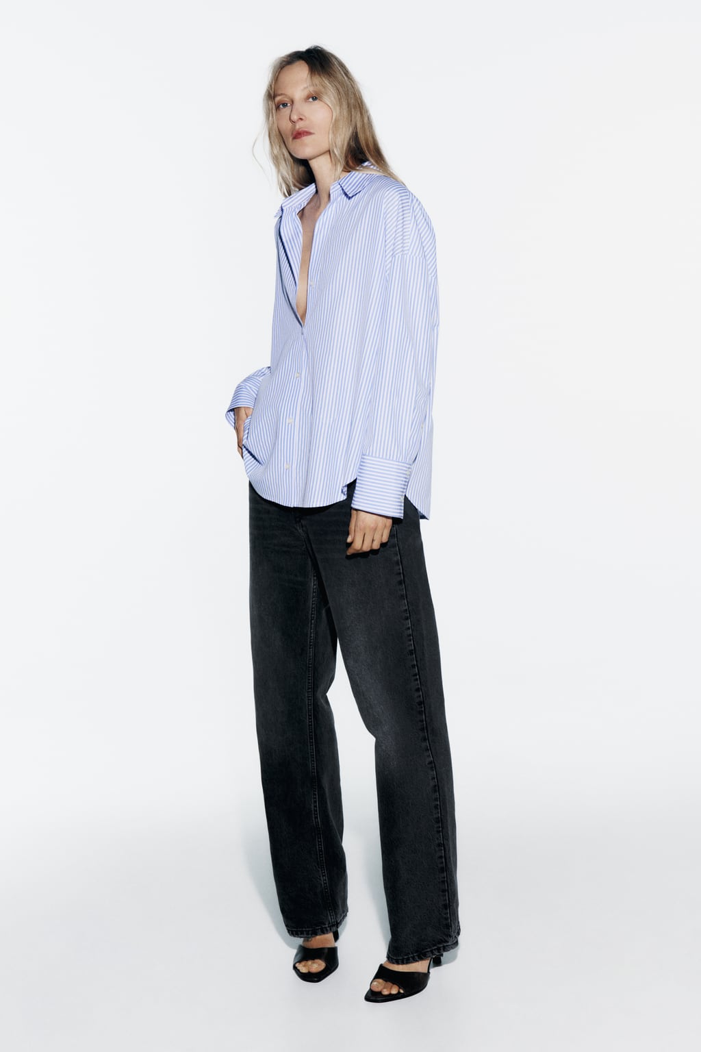 Базовая рубашка из поплина ZARA, светло-синий рубашка мужская с воротником стойкой хлопок и лен свободная повседневная удобная рубашка с длинными рукавами весна осень