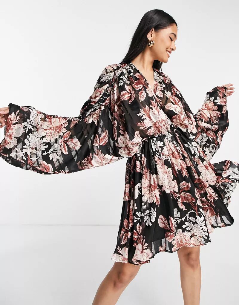 Атласное блузонное платье мини в полоску с цветочным принтом ASOS