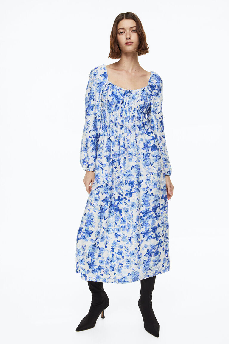 

Платье со сборками и объемными рукавами H&M, белый