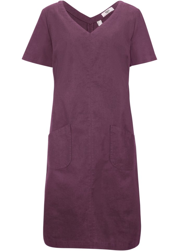 Тканое платье длиной до колена с льном v-образным вырезом и полурукавами Bpc Bonprix Collection, фиолетовый