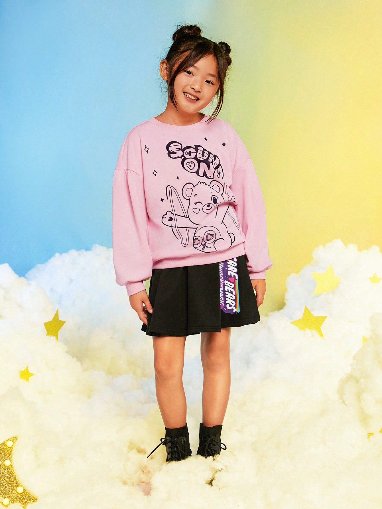 SHEIN Пуловер и юбка с заниженными плечами и буквами для девочек-подростков с медведем и буквами, розовый
