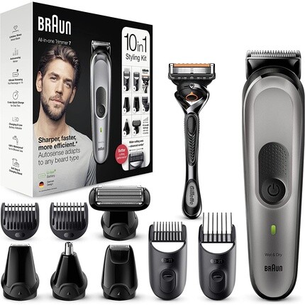 

Multi-Grooming-Kit 7 Триммер для бороды и машинка для стрижки волос 10-в-1 для мужчин — 8 насадок — черный/серебристый, Braun