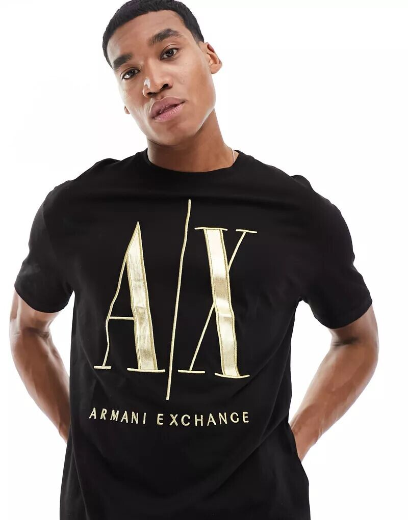 Черная футболка Armani Exchange с большим золотым логотипом