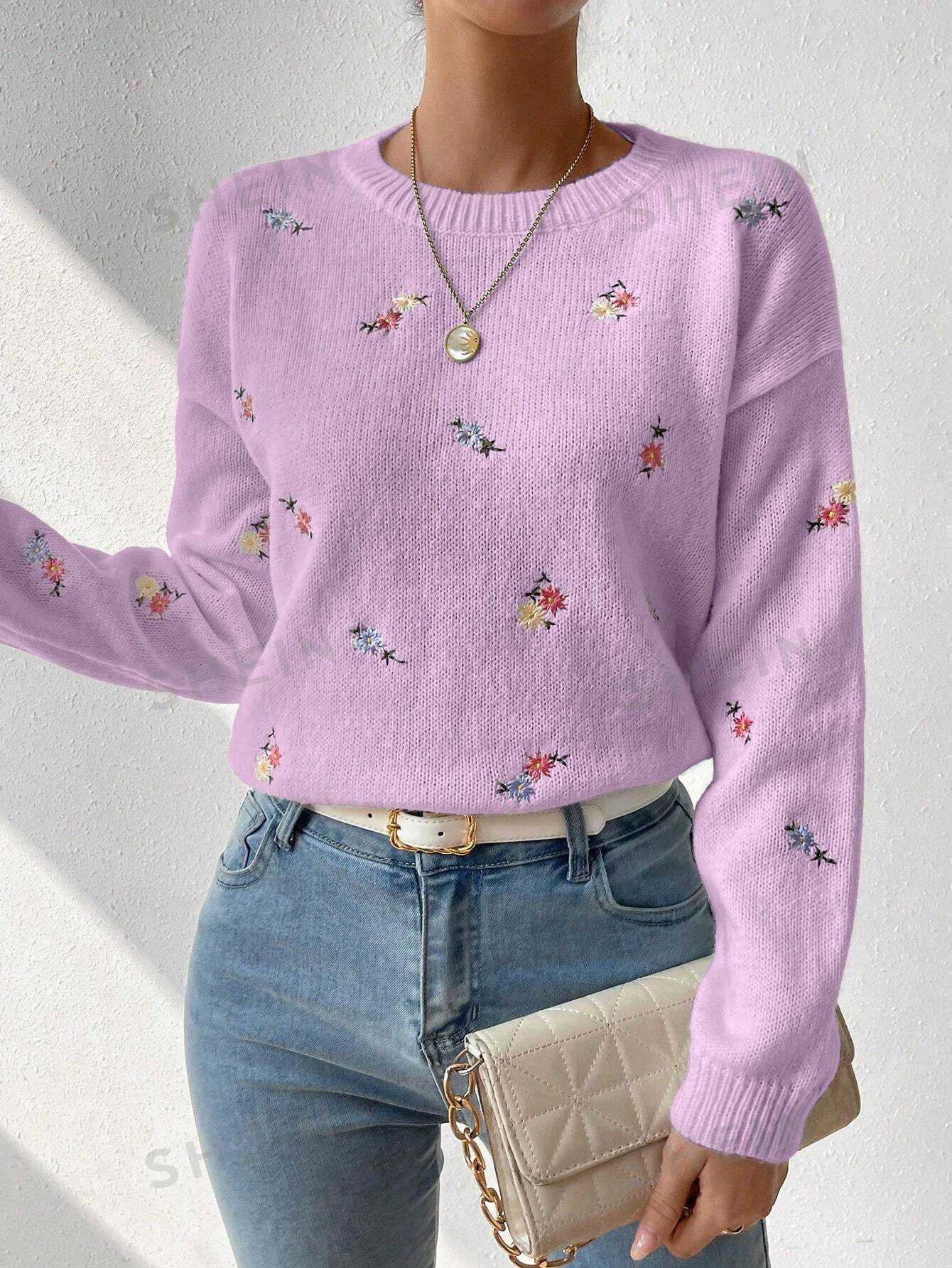 SHEIN Essnce Свитер с круглым вырезом и открытыми плечами с цветочной вышивкой, сиреневый фиолетовый