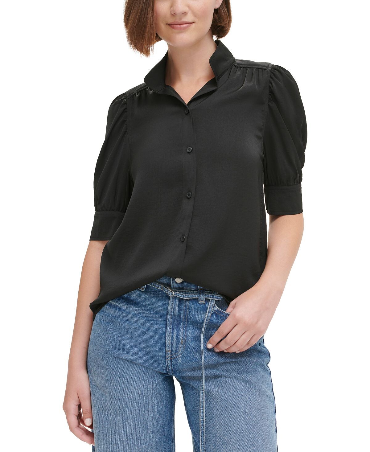 

Женская рубашка Charmeuse с воротником-стойкой и пышными рукавами Calvin Klein Jeans, черный