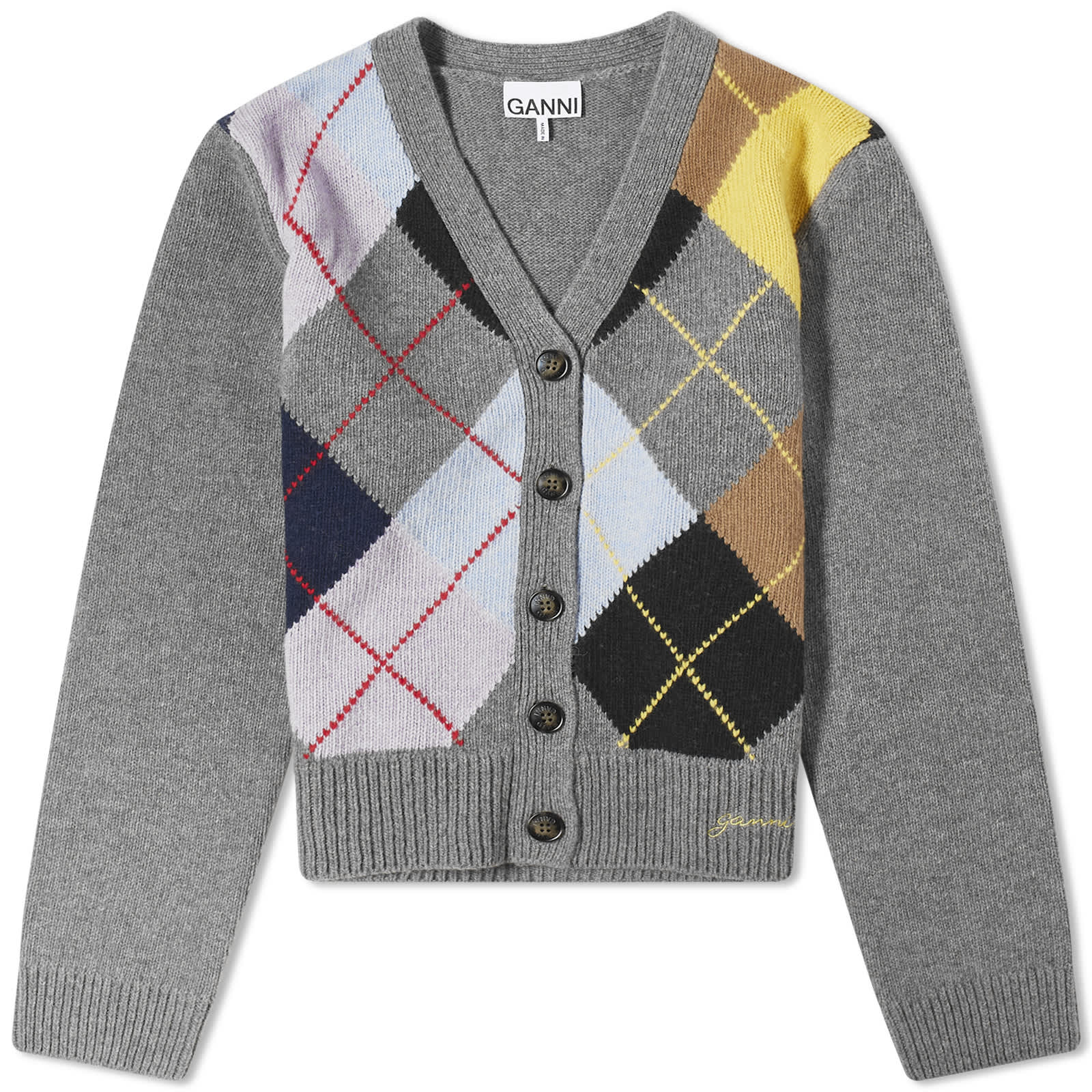 цена Кардиган Ganni Harlequin Wool Mix Knit, цвет Frost Gray