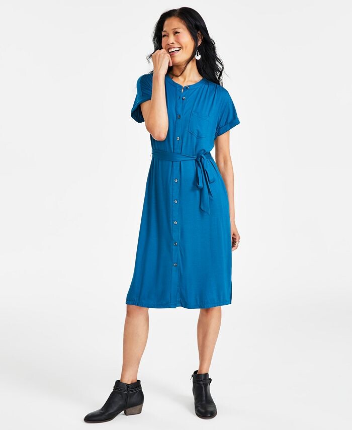 

Женское трикотажное платье-рубашка с короткими рукавами и поясом Style & Co, синий
