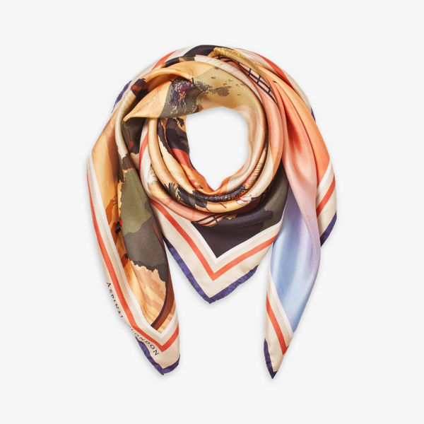 Шелковый шарф с графичным принтом Aspinal Of London, оранжевый